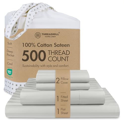 "Threadmill 500TC Cotton Full Sheet Set, Damask Stripe, Light Grey, 4-Piece - 100% Cotton, Damask Stripe Pattern, 4-Piece Set, 16"" Deep Pocket, All-Around Elastic, Breathable, OEKO-TEX Certified"