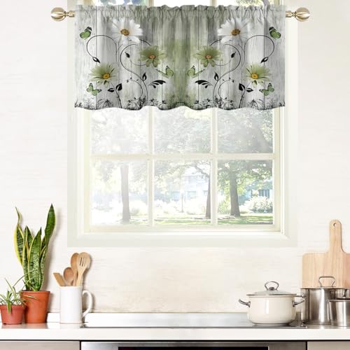 "AAtter Green Floral Kitchen Valance Curtain for Window Flower Emerald Rustic Country White Daisy Butterfly Small Short Home Living Room Bedroom Bathroom Drape Fabric 1 Panel, 52"" W x 18"" L, Cute"