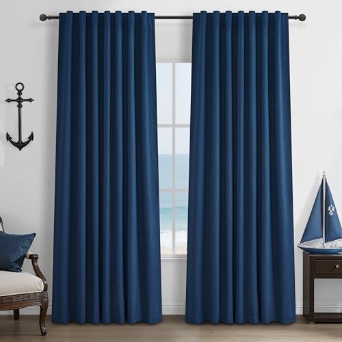 "Navy Blue Blackout Curtains 90 Inch Length for Kids/Boys Rooms/Bedroom, Floor to Ceiling Track Pleated Drapes with Hooks Linen Thermal Coastal Curtain Dark Blue Window Burg 50""Wx90""Lx 2Panels Back Tab"