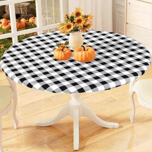 "misaya Round Buffalo Plaid Fitted Tablecloth, Fall Checkered Waterproof Elastic Edge Table Cover Fits 36""-44"", Vinyl Table Cloth with Flannel Backing for Autumn Halloween, Black and White"