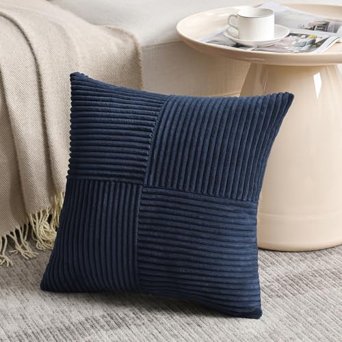 Fancy Homi Navy Blue Decorative Throw Pillow Covers 18x18 Inch for Living Room Couch Bed, Rustic Farmhouse Boho Home Decor, Soft Corss Corduroy Patchwork Textured Square Cushion Case 45x45 cm