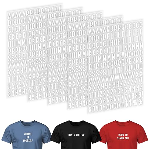 5 Sheets 895 Pieces Iron on Letters for Clothing 0.8inch White Iron on Letter Small Stickers with A-Z Heat Transfer Letters 0-9 Iron on Numbers for Fabric T-Shirt Printing (White, Simple)