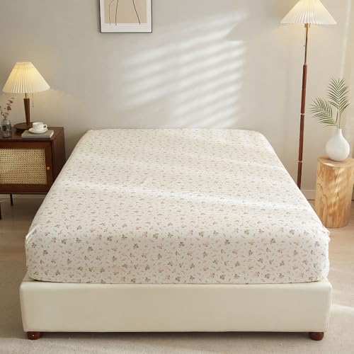 HighBuy Fitted Bottom Sheet Twin Size - Pink Floral Fitted Sheet - Washed Microfiber - Ultra-Soft Hotel Luxury - 15 inch Deep Pocket - Durable and Long Lasting for Women Girl College Bed