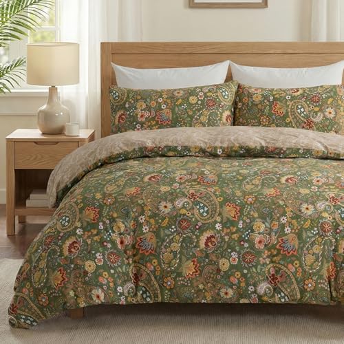 Cozaline 100% Cotton Duvet Cover King Size, Green Paisley Pattern Bedding Set with Zipper Closure, 3 Pcs Bohemian Breathable and Soft Duvet Cover for All Season