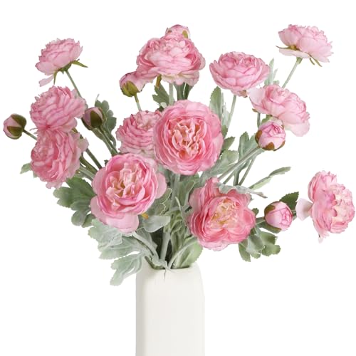 IPOPU Pink Peonies Artificial Flowers 6pcs Pink Artificial Ranunculus Flowers18Heads Pink Silk Peonies with Stems Real Look for Spring Decorations Floral Arrangements Home Table Centerpiece (Pink)