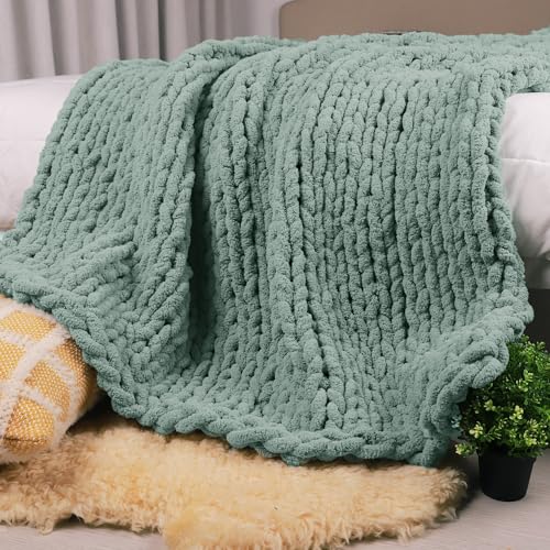 "Carriediosa Chunky Knit Throw Blanket 50"" X 60"", 100% Hand Made Large Chenille Loop Yarn Soft Fluffy Throws for Couch Sofa Bed, Big Crochet Cozy Heavy Thick Cable Woven Blanket, Sage Green"