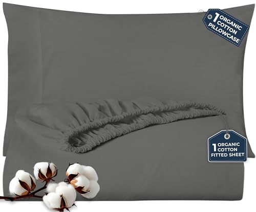 ROYALE LINENS 300 Thread Count 100% Long Staple Combed Cotton 2 Piece Twin 1 Fitted Sheet, 1 Pillow Case - Breathable, Cool & Crisp Percale Sheet Set (Twin, Charcoal)
