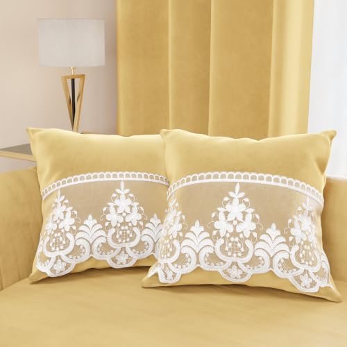 PETTI Artigiani Italiani - 2 Velvet Cushions with Rebrod?? Lace, Filling Included, 50 x 30 cm, Gold