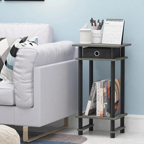 Furinno TURN-N-TUBE Set of 2 Side Table, Grey 3-Tier Narrow End Table, Night Stand, Bedside Table for Living Room, Bedroom, Home Office, Grey Oak/Black/Black