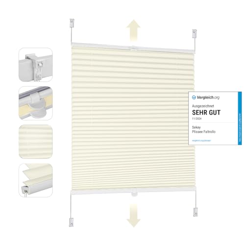 Sekey Pleated Blinds Klemmfix No Drilling 60 x 100 cm Folding Roller Blind for Door and Window Opaque Privacy Screen Sun Protection Ready Pleated Blind 60 cm Wide Beige