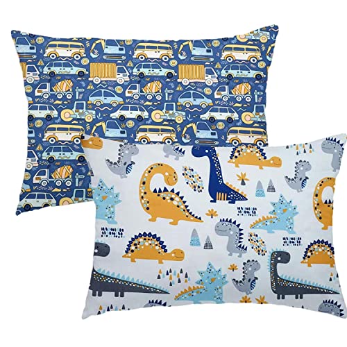 Kid Toddler Pillowcase 2 Packs, Organic Cotton Travel Pillowcase 14x20 - Dinosaur Car Pillow Cover for Boys, Pillowslip for Sleeping Fits Pillows Sized 13x18 or 14x19, Envelope Closure