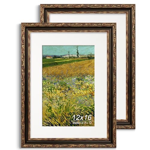 GiftMust 12x16 Picture Frame, Ornate Embossing Frame with Paper Mat and Plexiglass, Fit for 12x16 without Mat or 8x12 with Mat, Wall Mounting Display for Art Prints, Bronze and Antique Gold, 2 Pack
