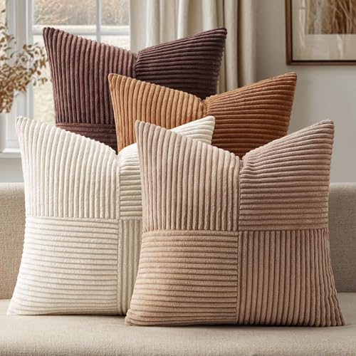 ANRODUO Pack of 4 Decorative Couch Throw Pillow Covers 18x18 Inch Gold Brown Boho Cozy Soft Corduroy Cushion Covers Farmhouse Accent Pillowcases for Mid Century Modern Home Decor Sofa Living Room
