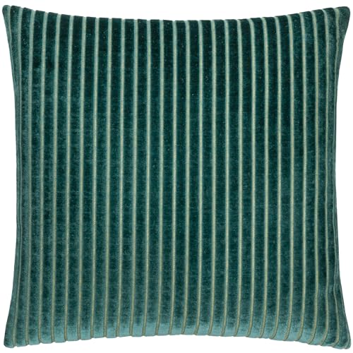 Paoletti Savoy Stripe Feather Filled Cushion – Reversible Soft Textured Velvet Decorative Cushion for Sofas Beds and Armchairs (Teal - 50x50cm)