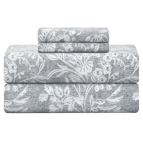 "Feather & Stitch 300TC Full Size 100% Cotton Sateen Weave Printed Sheet Set, Cooling & Breathable Bed Sheets Set, 4 Piece 16"" Elastic Deep Pockets, Extra Soft Hotel Quality- Full, Grey Floral"