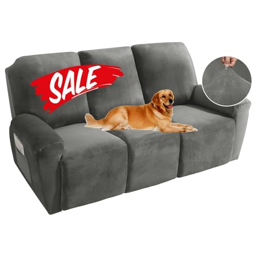 MAXIJIN 8-Piece Recliner Sofa Covers, Stretch Velvet Reclining Couch Covers for 3 Cushion Furniture, Thick Soft Washable Reclining Sofa Slipcovers (Sofa Recliner, Dark Grey)