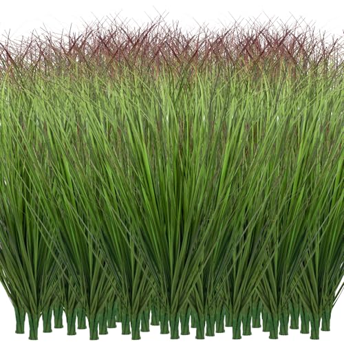 GOOSLA 96 Bundles Artificial Pampas Grass 17 Inch Tall Fake Pampas Grass UV Resistant Greenery Stems Faux Plume Plant for Indoor Outdoor Garden Office Home Decor???Green Red Tail???
