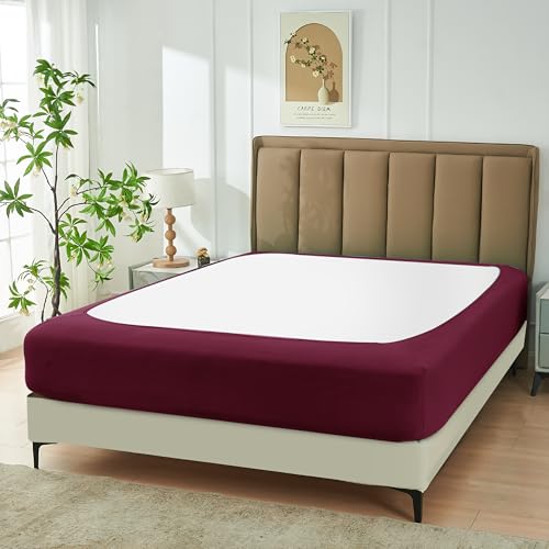 Biscaynebay Decorative Box Spring Cover Full & Full XL Size, Burgundy Luxurious Jersey Knitting Stretchy Wrap Around 4 Sides Bed Skirt for Home/Hotels, Easy Fit Wrinkle & Fade Free Machine Washable