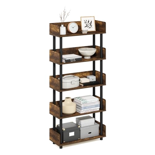 Furinno TURN-N-TUBE 5-Tier Display Shelf, Storage Shelves, Book Shelf, Open Shelves with Rounded Corner Top Edges, for Organization and Storage, Living Room, Home Office, Amber Pine