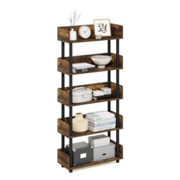 Furinno TURN-N-TUBE 5-Tier Display Shelf, Storage Shelves, Book Shelf, Open Shelves with Rounded Corner Top Edges, for Organization and Storage, Living Room, Home Office, Amber Pine