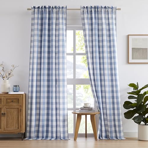 Bapawfish - Blue White Buffalo Plaid Check Semi Sheer Curtains 84 Inch Length, Farmhouse Plaid Curtains, Rustic Geometric Window Treatment for Bedroom, Living Room