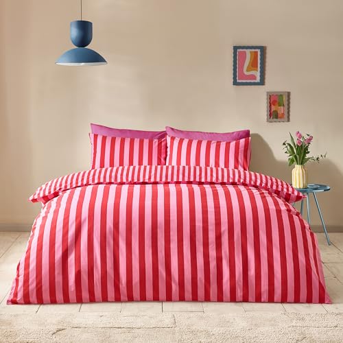 Sassy B Stripe Tease Reversible King Duvet Cover Set with Pillowcases Red