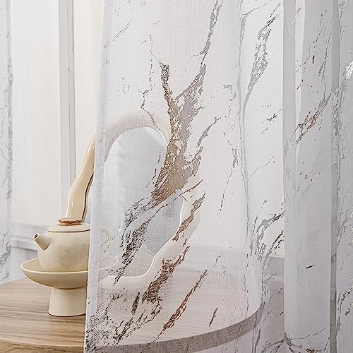 "Sutuo Home Marble Sheer Curtains 84 Inch Length 2 Panels Set, Silver Print Metallic Bronzing, Privacy Window Treatment Abstract Drape Pair for Bedroom Living Room 52"" W x 84"" L"
