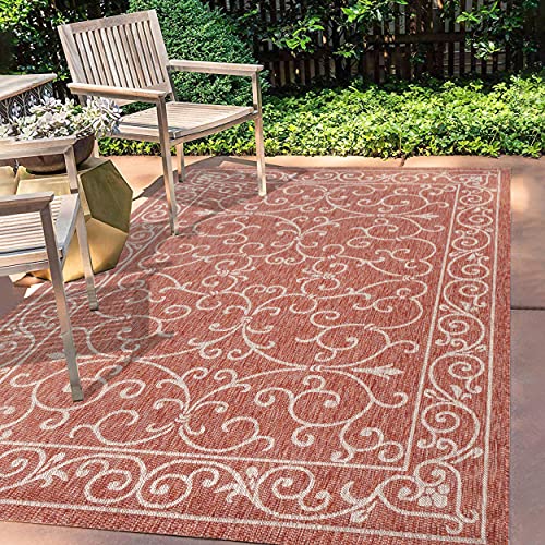 JONATHAN Y SMB106B-5 Charleston Vintage Filigree Textured Weave Indoor Outdoor Area Rug, Classic, Traditional, Easy Cleaning, Bedroom, Kitchen, Backyard, Patio, Non Shed, Red/Beige, 150 cm X 240 cm