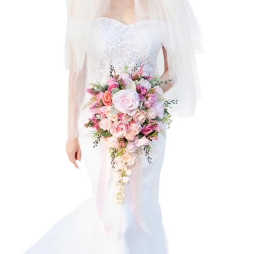 Floinla 12 Inch Cascade Wedding Bouquets for Bride, Fuchsia & Pink - Cascading Bridal Bouquet for Wedding Silk Artificial Flowers
