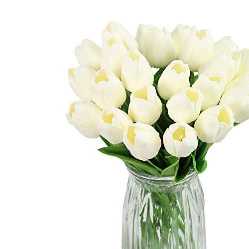 IPOPU Real Touch Tulips 24PCS Artificial Tulips Flowers for Decoration Cream Fake Tulips Floral Arrangements Artificial Faux Tulips Decor for Table Home Decor Baby Shower Centerpieces (Off White)