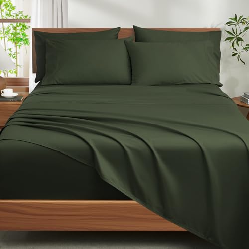 "Ivellow 100% Egyptian Cotton Sheets King Size Set - 1200 Thread Count 6 PC 18"" Deep Pocket King Size Bed Sheet Set???Durable Hotel Quality Luxury Soft Breathable Dark Green Cooling Sheet Sets Bedding"