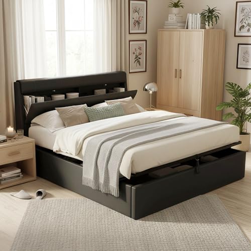 Merax Upholstered Bed Frame with Hydraulic Lift, 5FT King Size Bed Frame with Concealed Headboard Storage and Bed Box Storage, Functional Ottoman Bed, Elegant PU Finish, Black, 150x200cm