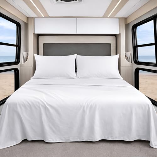 Shreem Linen Microfiber RV Sheet Sets, 72x80 Camper King, White Solid, Bed Sheets for Campers, RV's & Travel Trailers Easy Fit Mattress up to 10 Inch Deep Pockets - Fitted RV Sheets