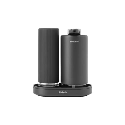 Brabantia - SinkStyle Soap Dispenser Set with 2 Stylish Dispensers for Hand and Dish Soap, Textured Tray, and Soap Squeezer ??? Mineral Infinite Grey, 2 x 200 ml