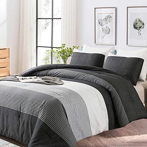 Faincy King Comforter Set, Grey & Black Patchwork Stripe Pattern Print Reversible Comforter - Size 104x90 3PC Soft Microfiber Duvet Sets Masculine Modern Bedding in a Bag for Women Men Teen, Gray