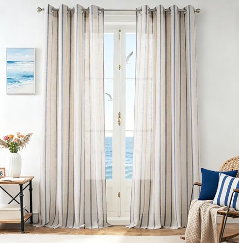 DriftAway Farmhouse Curtains for Living Room Vertical Striped Linen Curtains Semi Sheer Light Filtering Grommet Window Treatments, 102 Inches Long, 2 Panels, Pinstripe Navy on Beige