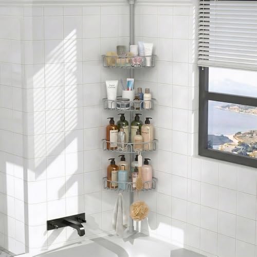COSYLAND Rustproof Corner Shower Caddy with Tension Pole ??? 4-Tier Adjustable Bathroom Organizer for Shampoo & Soap Storage, Quick-Install Standing Rack, Fits 22 to 125 Inches(Sliver)