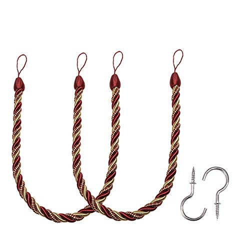BEL AVENIR Curtain Ropes Tiebacks Tie-Backs, Curtain Handmade Holdbacks with 2 Metal Screw Hooks (Mix red, 2pack)