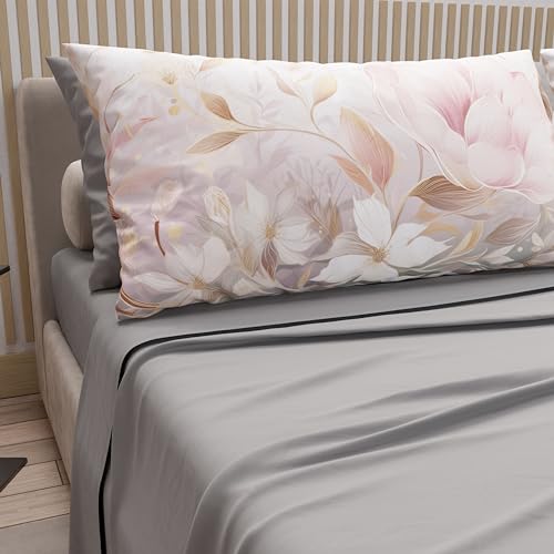 PETTI Artigiani Italiani - Cotton Sheets with Pillowcases in Digital Print, Maxi Double, Complete Top and Bottom Sheet with Corners, Tokyo Light Grey, 100% Made in Italy