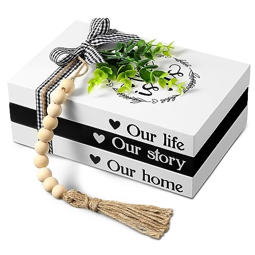 Capoda 3 Pcs Decorative Books for Home Decor Farmhouse Faux Stacked Books Wooden Rustic Table Decor with Bead Garland Twine Ribbon Faux Leaf for Table(This is Us)