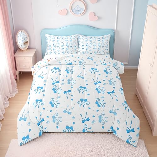 Erosebridal Blue Ribbon Bow Queen Bedding Set for Girls - Blue and White Bow Tie Comforter Set for Kids Teen, Cute Princess Bowtie Quilt, Coquette Bows Bedroom Decor, 2 Pillowcases