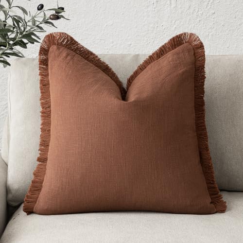 Foindtower Decorative Linen Fringe Throw Pillow Covers Cozy Boho Farmhouse Cushion Cover with Tassels Accent Pillowcase for Chair Sofa Bed Living Room Home Decor, 26??26 Inch, 1PC,Fall Rust Orange