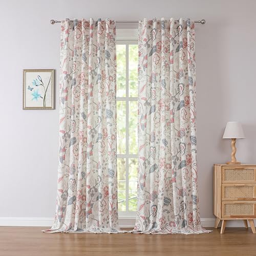 "Kayne Studio Botanical Semi Sheer Jacobean Curtains,Navy Red Floral Farmhouse Linen Curtain Drapes,Light Filtering Farmhouse Curtains for Living Room and Bedroom, Rod Pocket Back Tab,52""x95"",2 Panels"