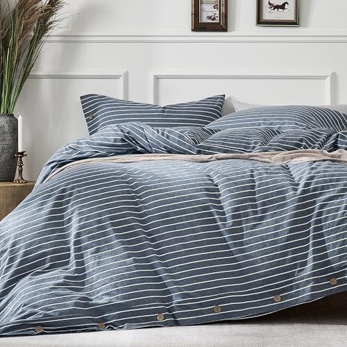 JELLYMONI 100% Washed Cotton Striped Duvet Cover Set King, Linen-Like - 100% Washed Cotton, Linen-Look Texture, Oeko-Tex Certified, 8 Corner Ties & Button, Multi-Scene Use