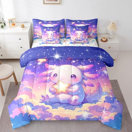 Feelyou Kids Cute Axolotl Bed in A Bag Full Size, Galaxy 7 Pieces Bedding Set Boys Girls Cartoon Salamander Comforter Set with Sheets Kawaii Animal Teens Bed Set Bedroom Decor 7Pcs