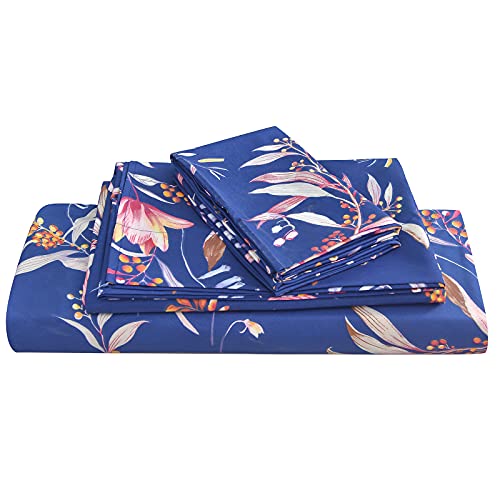 JSD Navy Floral Sheet Set Full Size Bedding, 4 Piece Printed Microfiber Sheets Extra Deep Pocket Wrinkle Free