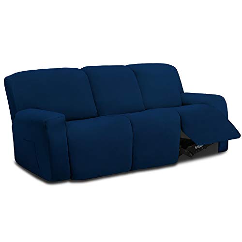 Easy-Going 8 Pieces Microfiber Stretch Sectional Recliner Sofa Slipcover Soft Fitted Fleece 3 Seats Couch Cover Washable Furniture Protector with Elasticity for Kids Pet(Recliner Sofa,Navy)