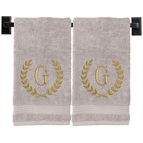 Custom Luxury Towels Monogrammed Hand Towels for Bathroom - Set of 2 - Genuine Turkish Towels - Choose Towel and Thread Color - A - Z - Monogrammed Towels with Embroidered Wheat Laurel Design