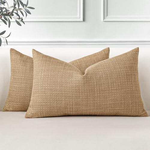 OTOSTAR Pack of 2 Throw Pillow Covers 16x24 Inch Linen Light Brown Pillowcases Farmhouse Decorative Solid Pillow Covers 40x60 cm Lumbar Cushion Case for Home Decor Sofa Couch Bed (Light Brown)