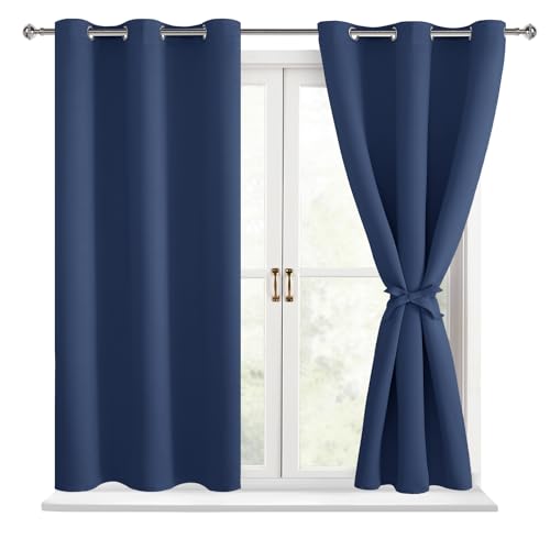 Hiasan Short Blackout Curtains for Bedroom - Thermal Insulated & Energy Saving Window Curtains for Living Room, 2 Drape Panels Sewn with Tiebacks, Navy, 42 x 45 Inch